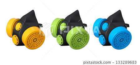 Set of professional respirator gas masks with dual filters on white background with clipping path. Concept of construction tools Set of professional respirator gas masks with dual filters on white background with clipping path. Concept of construction tools 133289683