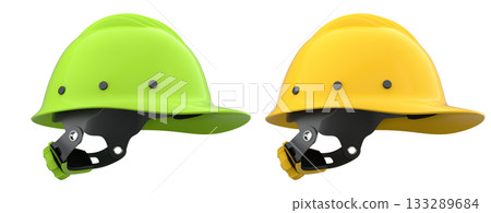 Set of construction safety helmets isolated on white transparent background, symbolizing safety and industry standards Set of construction safety helmets isolated on white transparent background, symbolizing safety and industry standards 133289684