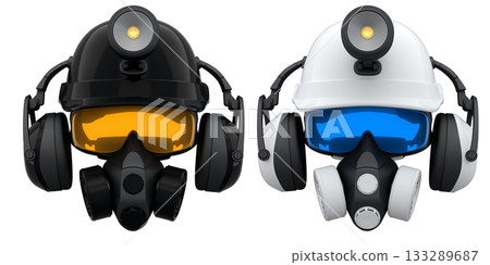 Protective helmets with mounted LED headlamps, respirators and earmuffs on white background with clipping path, safety equipment 133289687