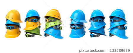 Set of construction safety helmets isolated on white transparent background, symbolizing safety and industry standards Set of construction safety helmets isolated on white transparent background, symbolizing safety and industry standards 133289689