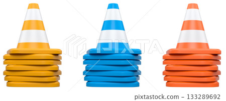 Traffic safety cones with white stripes, isolated on white background with clipping path. Concept of road safety equipment 133289692