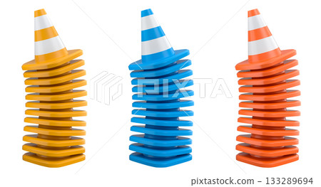 Traffic safety cones with white stripes, isolated on white background with clipping path. Concept of road safety equipment Traffic safety cones with white stripes, isolated on white background with clipping path. Concept of road safety equipment 133289694