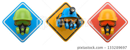 Safety helmets with goggles and respirators, shown on warning signs on white background with clipping path, industrial safety Safety helmets with goggles and respirators, shown on warning signs on white background with clipping path, industrial safety 133289697