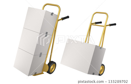Set of Airport luggage cart or baggage trolley side with cardboard boxes or cartons 133289702