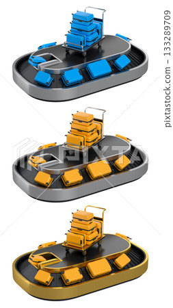 Set of Airport luggage conveyor belt or baggage claim area with suitcases on white. Set of Airport luggage conveyor belt or baggage claim area with suitcases on white. 133289709