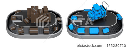 Set of Airport luggage conveyor belt or baggage claim area with suitcases on white. 133289710