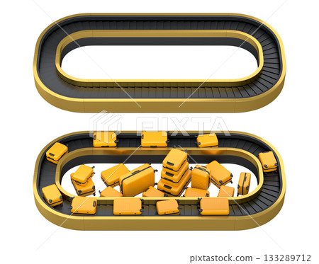 Set of Airport luggage conveyor belt or baggage claim area with suitcases on white. Set of Airport luggage conveyor belt or baggage claim area with suitcases on white. 133289712