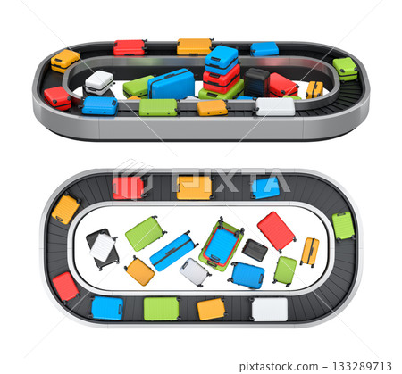 Set of Airport luggage conveyor belt or baggage claim area with suitcases on white. 133289713
