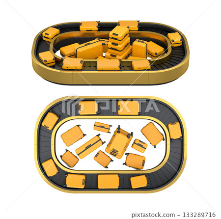 Set of Airport luggage conveyor belt or baggage claim area with suitcases on white. 133289716