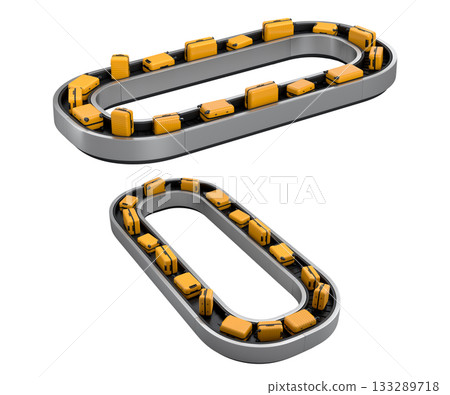 Set of Airport luggage conveyor belt or baggage claim area with suitcases on white. 133289718