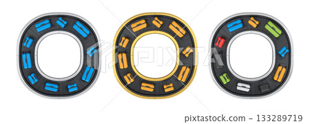 Set of Airport luggage conveyor belt or baggage claim area with suitcases on white. 133289719