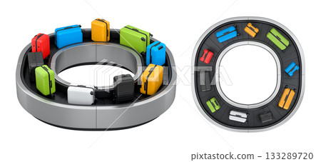 Set of Airport luggage conveyor belt or baggage claim area with suitcases on white. 133289720