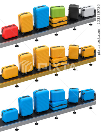 Set of Airport luggage conveyor belt or manufacture line with baggage on white. 133289726