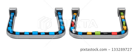 Set of Airport luggage conveyor belt or baggage claim area with suitcases on white. Set of Airport luggage conveyor belt or baggage claim area with suitcases on white. 133289727