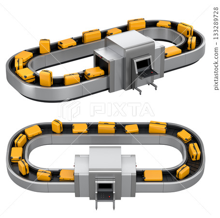 Set of Airport luggage conveyor belt or baggage claim area with suitcases on white. 133289728