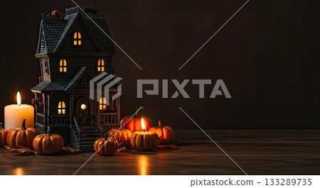 Halloween haunted house, pumpkins, candles, spooky festive decoration, eerie glow 133289735
