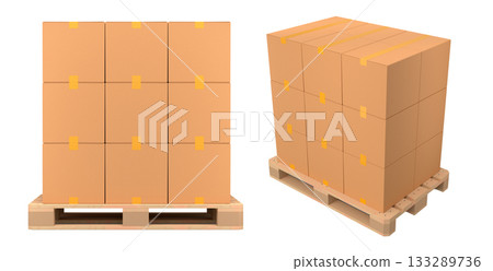 Set of wooden pallet for warehouse cargo storage with cardboard boxes on white 133289736