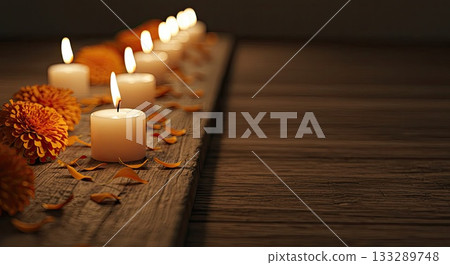 Day of the Dead: burning candles, marigold flowers create spiritual atmosphere 133289748