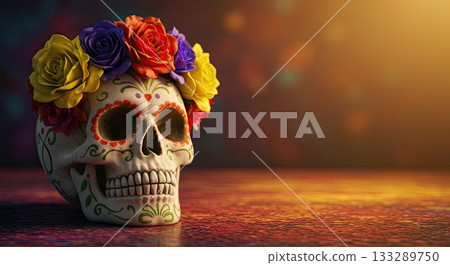 Day of the Dead celebration with colorful sugar skull and vibrant floral crown 133289750
