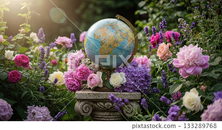 Globe on pedestal with flowers, symbolizing Earth Day, global reverence and delicate nature 133289768