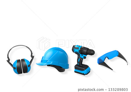 Safety earmuffs, hard hat, cordless drill, and safety goggles isolated on white background with clipping path, construction safety 133289803