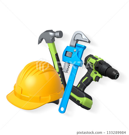 Safety helmet, hammer, pipe wrench, and power drill isolated on white background. Concept of construction tools and safety 133289984