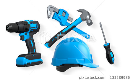 Various construction tools including wrench, hammer, pliers, and helmet isolated on white background with clipping path Various construction tools including wrench, hammer, pliers, and helmet isolated on white background with clipping path 133289986
