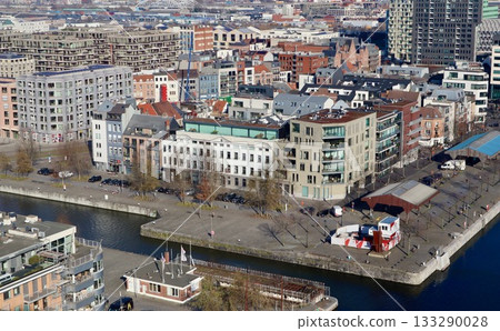 Antwerp Eilandje district aerial view, a vibrant urban landscape combining old and new architecture along the harbor canal. High quality photo 133290028