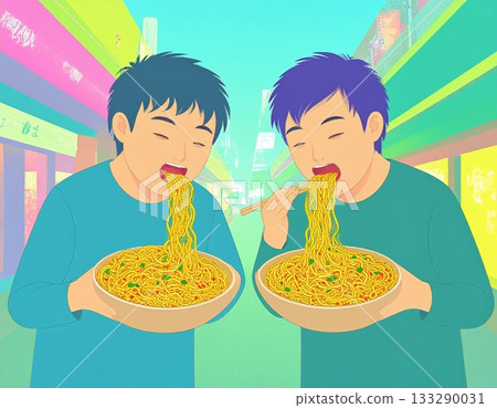 Two men eating noodles Two men eating noodles 133290031