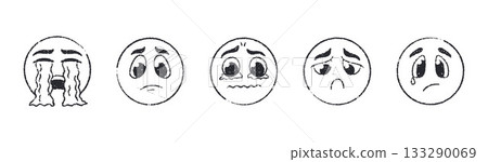 Hand-drawn sad emoji faces with crayon and pastel texture. Emoticons showing various unhappy moods 133290069