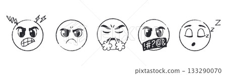 Simple crayon emoticons. Round emoji faces expressing angry moods in scribble doodle style 133290070