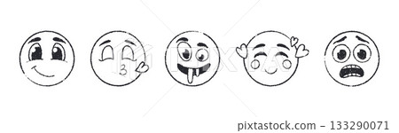 Crayon doodle emoji set. Hand drawn round smiley faces with various emotional expressions Crayon doodle emoji set. Hand drawn round smiley faces with various emotional expressions 133290071