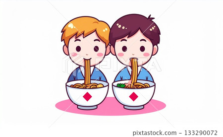 Two men eating noodles Two men eating noodles 133290072