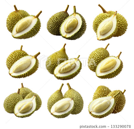 Set of whole durian and one cut, creamy flesh isolated on white transparent background, exotic fruit concept 133290078