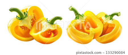 Whole yellow bell pepper with a sliced half showing seeds and texture, isolated on white transparent background. Concept of fresh vegetables and healthy food Whole yellow bell pepper with a sliced half showing seeds and texture, isolated on white transparent background. Concept of fresh vegetables and healthy food 133290084