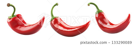 Glossy red chili pepper with a curved shape and green stem isolated on transparent background. Concept of spicy food, cooking, and hot flavor Glossy red chili pepper with a curved shape and green stem isolated on transparent background. Concept of spicy food, cooking, and hot flavor 133290089