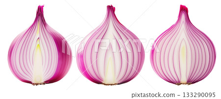 Sliced red onion with visible layers isolated on white transparent background, concept of healthy eating. Sliced red onion with visible layers isolated on white transparent background, concept of healthy eating. 133290095