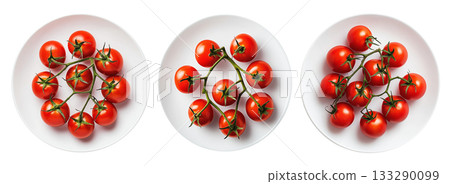 Ripe red cherry tomatoes on the vine placed on white plate against isolated on transparent background. Concept of fresh organic vegetables and healthy eating 133290099