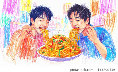 Two men eating noodles Two men eating noodles 133290156