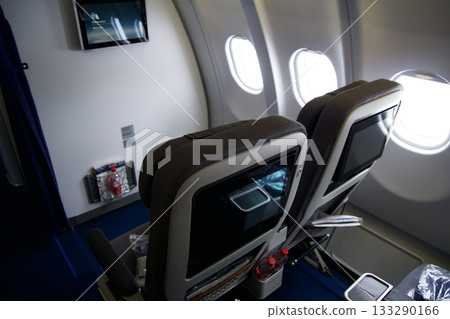 Frankfurt, Germany, June 10, 2019: Passenger View of Inflight Entertainment Screen in Lufthansa Premium Economy Frankfurt, Germany, June 10, 2019: Passenger View of Inflight Entertainment Screen in Lufthansa Premium Economy 133290166