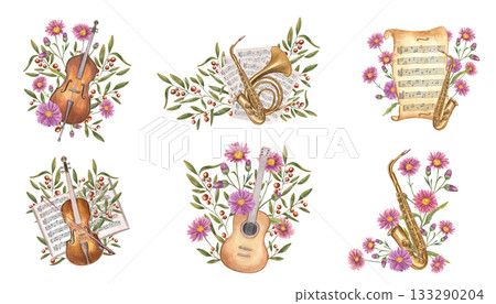 Musical set with contrabass, guitar, violin, saxophone and autumn plants on isolated background. Hand painted music instruments, flowers, note books in vintage style watercolor illustration clip art. 133290204