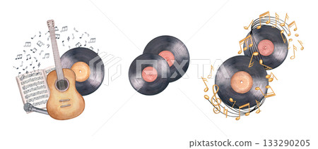 Watercolor six string guitar, microphone, vinyl record and open music notebook with musical notes illustration clip art isolated background. Composition set for themed projects, festival design. Watercolor six string guitar, microphone, vinyl record and open music notebook with musical notes illustration clip art isolated background. Composition set for themed projects, festival design. 133290205