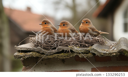 Three finches perching on mossy rooftop nest, showcasing natural habitat adaptation 133290253