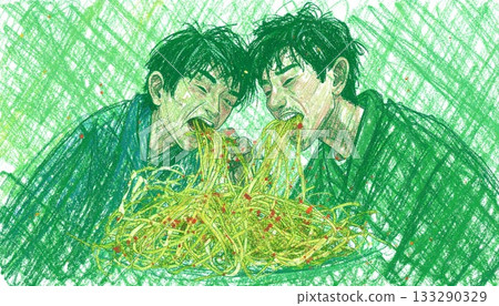 Two men eating noodles 133290329