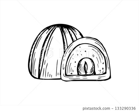 Chocolate nut candies of cross section, whole with fillings inside vector isolated line art black ink illustration. Monochrome hand drawn sweets with dark chocolate, cream and hazelnuts nut kernel 133290336
