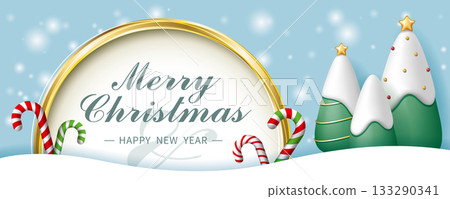 Gold frame, 3D Christmas tree, candy canes, and snow scene – Christmas background banner, advertising poster, and promotional material images. Gold frame, 3D Christmas tree, candy canes, and snow scene – Christmas background banner, advertising poster, and promotional material images. 133290341