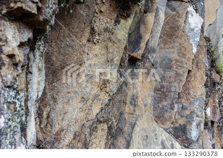 Natural rock surface with worn textures and mineral layers creating strong geological patterns Natural rock surface with worn textures and mineral layers creating strong geological patterns 133290378