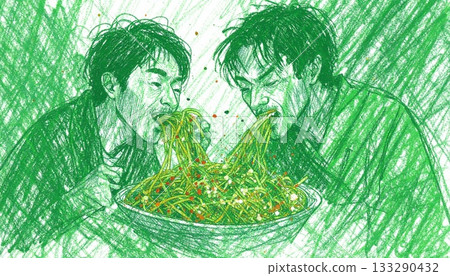 Two men eating noodles Two men eating noodles 133290432
