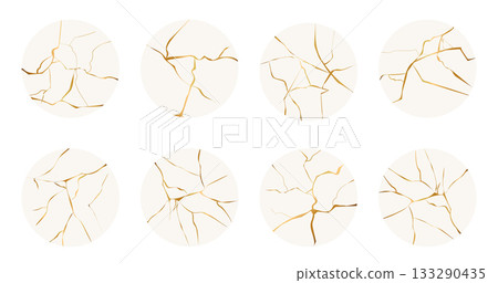 Golden circles with cracks effect in japaneese kintsugi mosaic style. Luxury marble stone porcelain gold fissures. Marble texture. Luxury design for wall art, wallpaper, wedding card, social media. 133290435