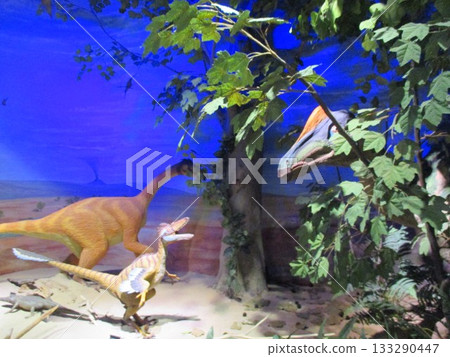 Dinosaur models on display at the Mifune Dinosaur Museum in Mifune, Kamimashiki District, Kumamoto Prefecture, are available for photography. 133290447